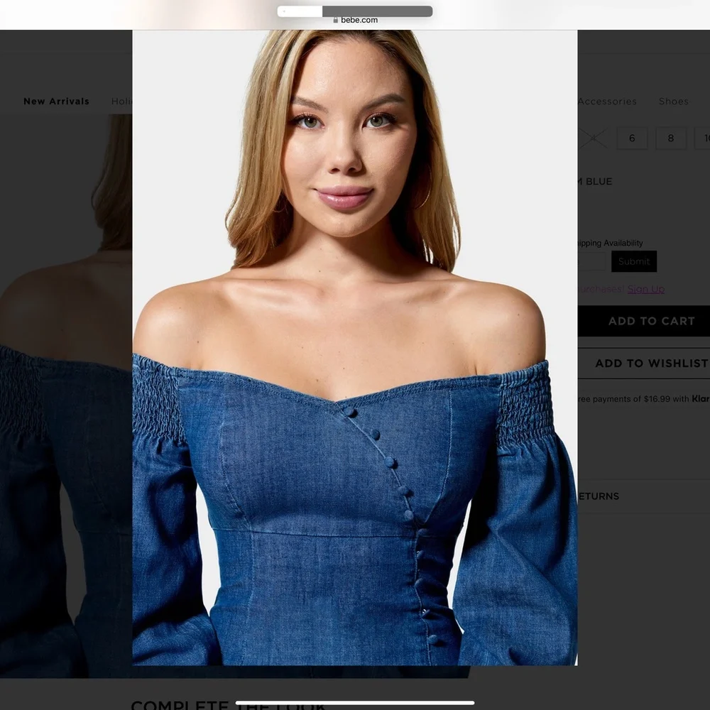 bebe Off-Shoulder Long Sleeve Denim Dress in Blue - Picture 6 of 9